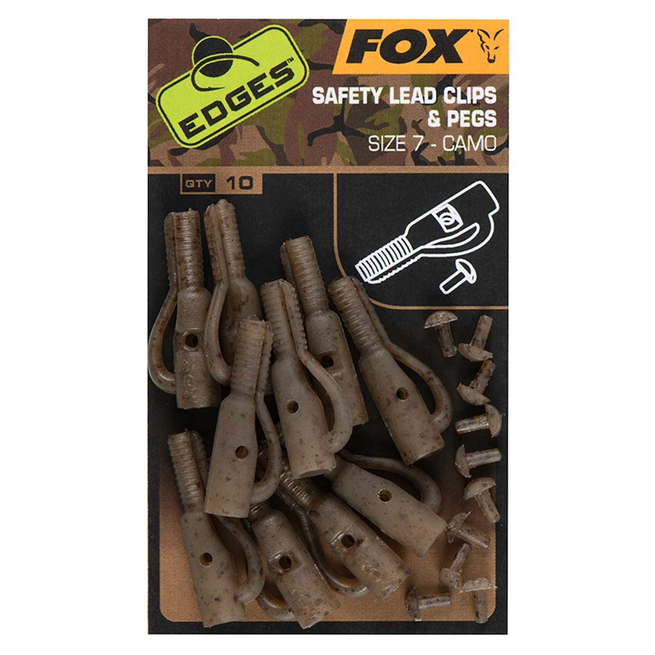 FOX závěska na boční zátěž  EDGES CAMO SAFETY LEAD CLIP & PEGS vel.7